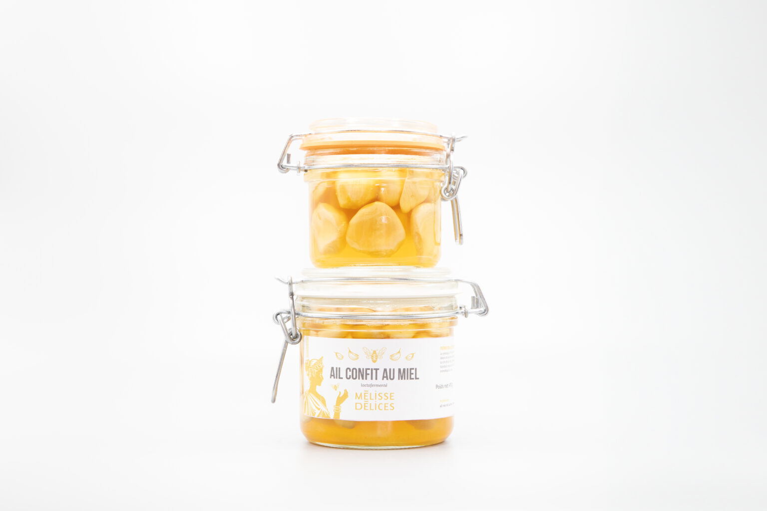 Packshot Mélisse Délices : bocaux d’ail confit au miel